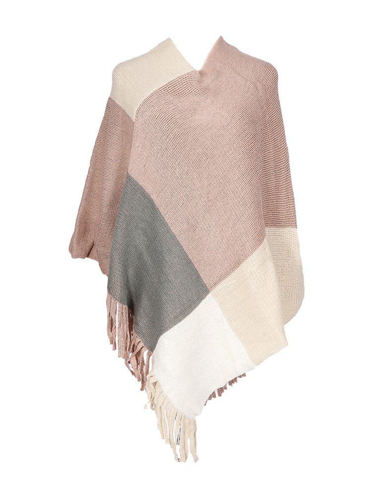 

Colorblock Checkered Knitted Fringe Long Shawl, Pink