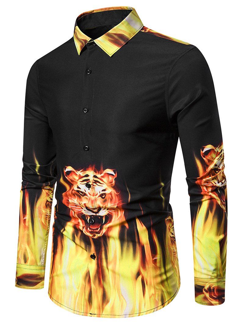 

Burning Tiger Print Slim Fit Long Sleeve Shirt, Black