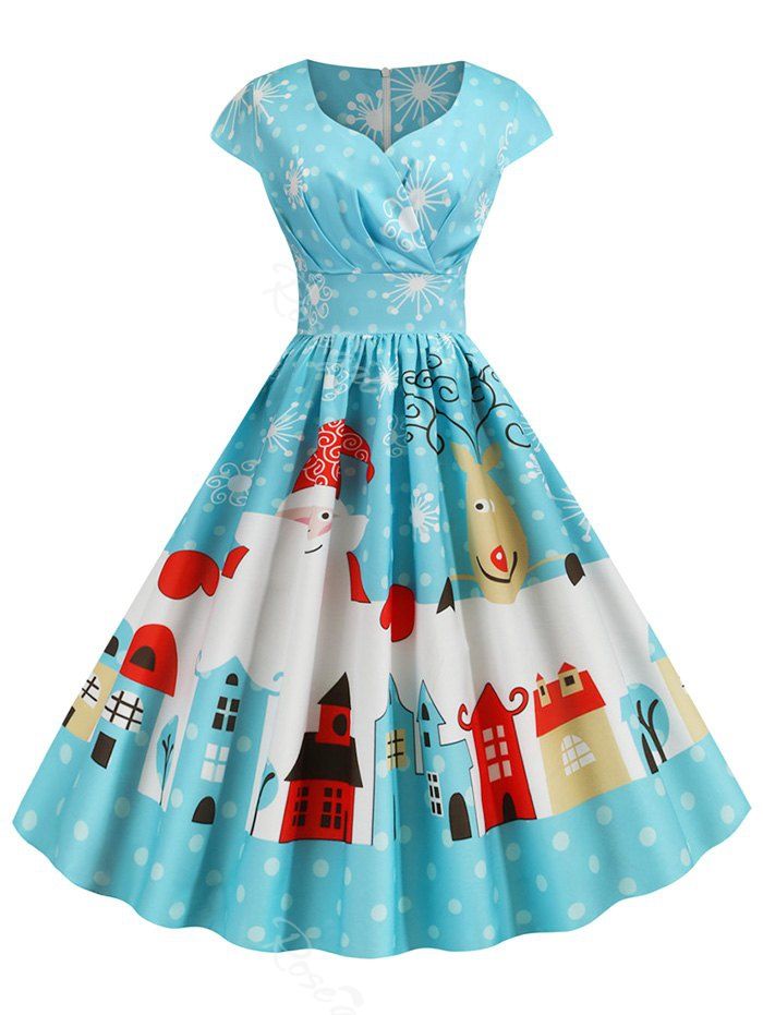 

Plus Size Christmas Santa Claus Print Vintage Party Dress, Macaw blue green