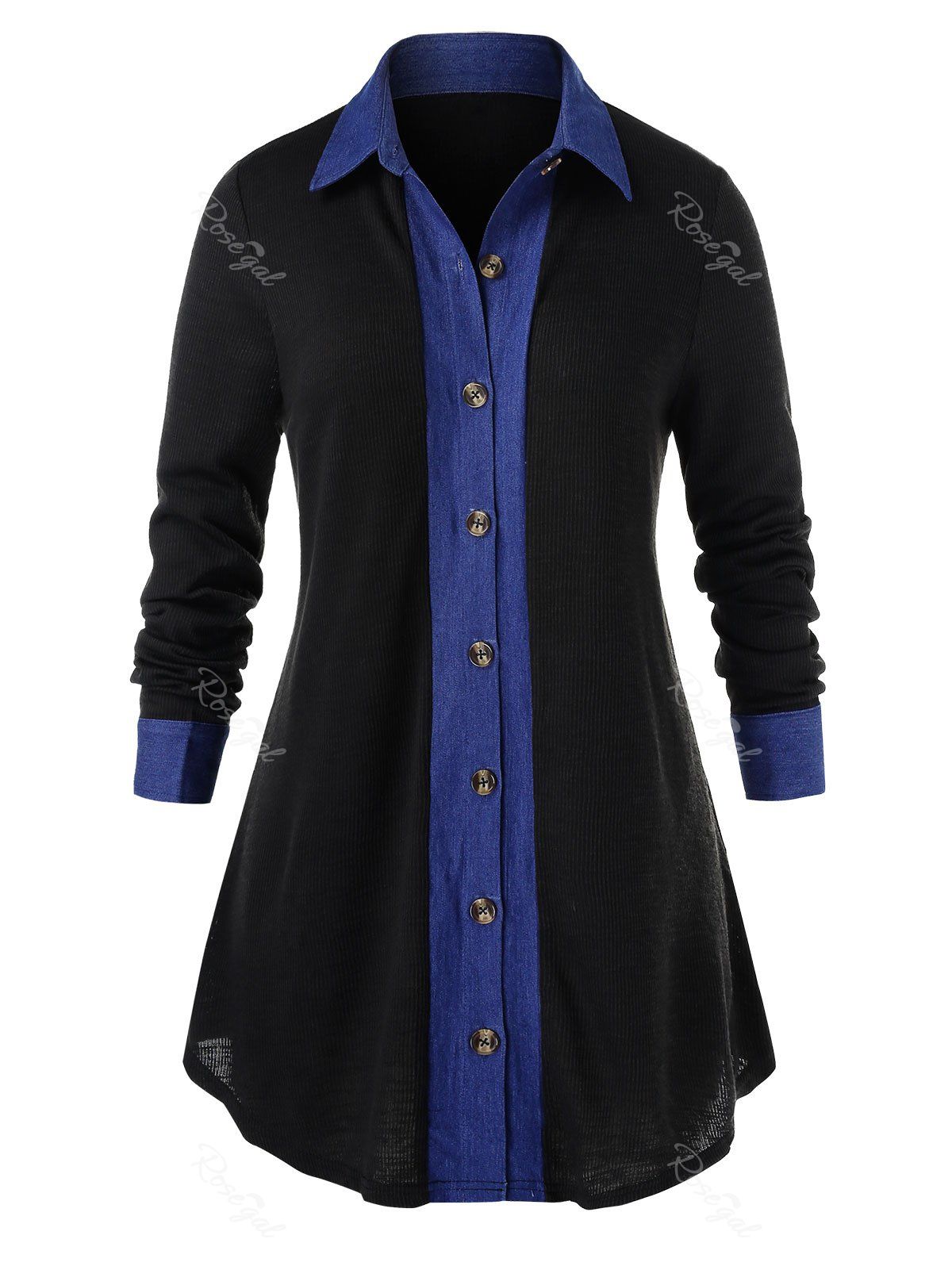 

Plus Size Chambray Insert Button Up Shirt, Black