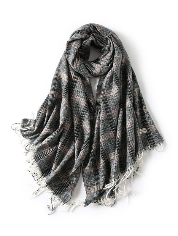 

British Style Plaid Herringbone Fringed Scarf, Black