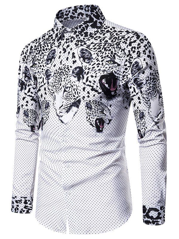 

Polka Dots Leopard Print Slim Fit Casual Shirt, White