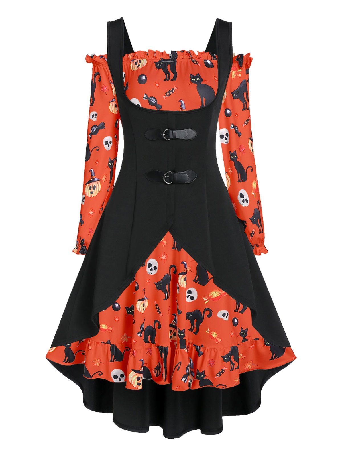 

Off The Shoulder Cat Skull Print Halloween Dress with Top, Bright orange