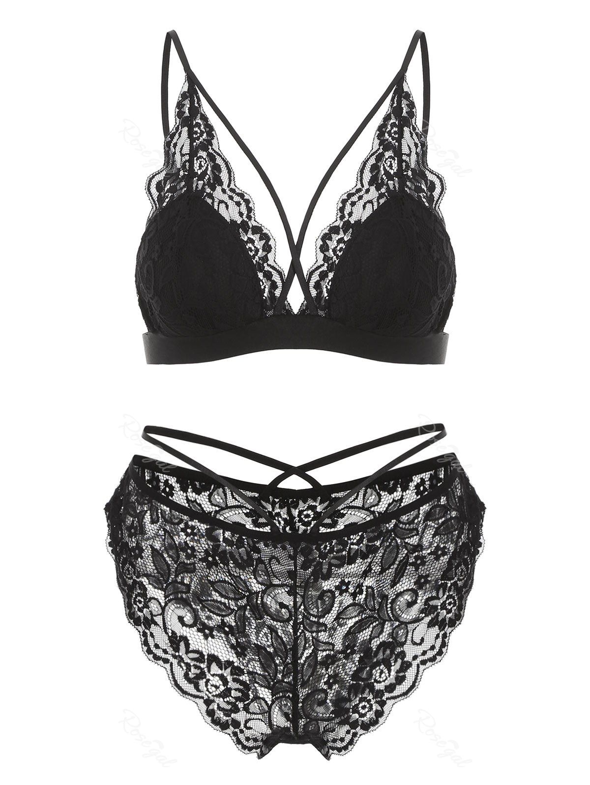

Plus Size Strappy Lace Bra Set, Black