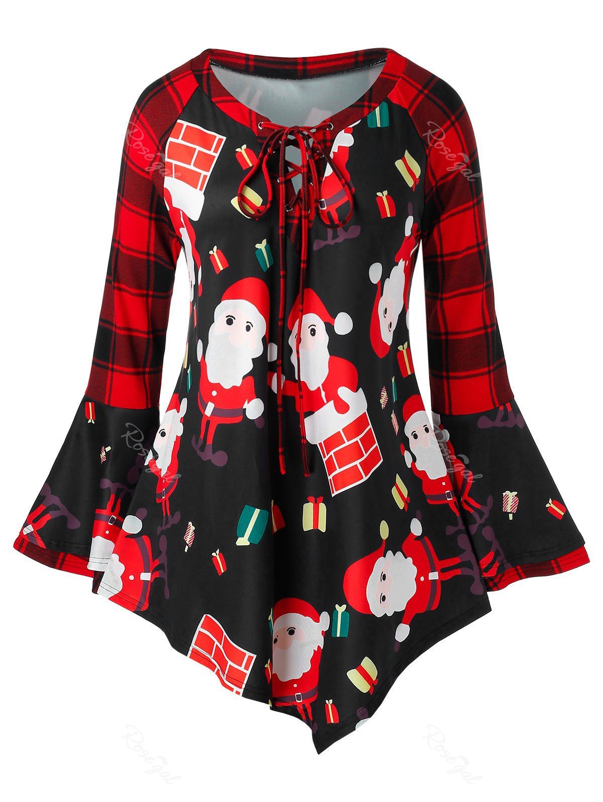 Outfits Plus Size Christmas Printed Plaid Bell Sleeve T Shirt  