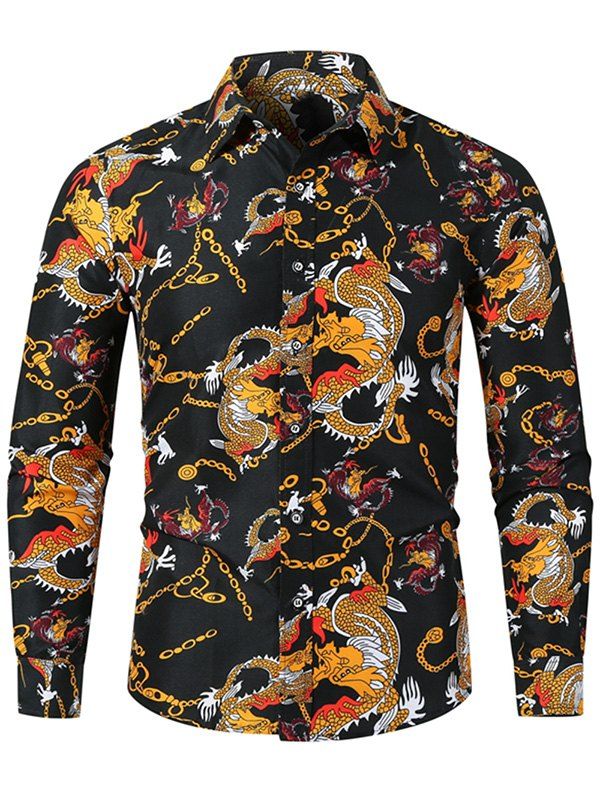 

Chain Dragon Allover Print Slim Fit Button Shirt, Black