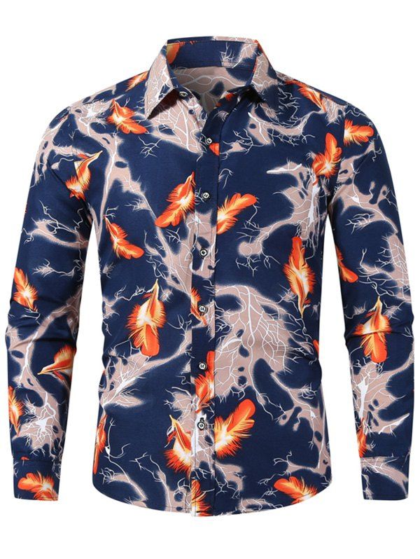 

Long Sleeve Feather Print Slim Fit Button Shirt, Cadetblue