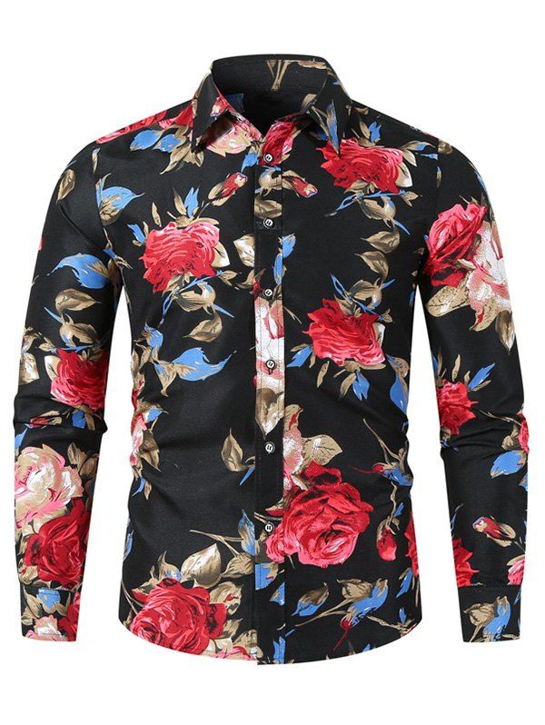

Flower Print Button Up Long Sleeve Shirt, Black