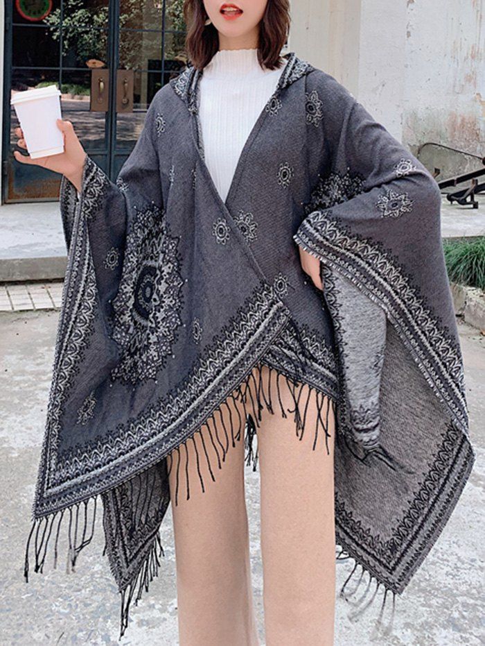 

Bohemian Flower Fringe Hooded Open Front Cape, Gray