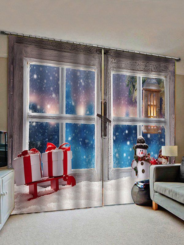 

2 Panels Christmas Window Snowman Gifts Print Window Curtains, Multi