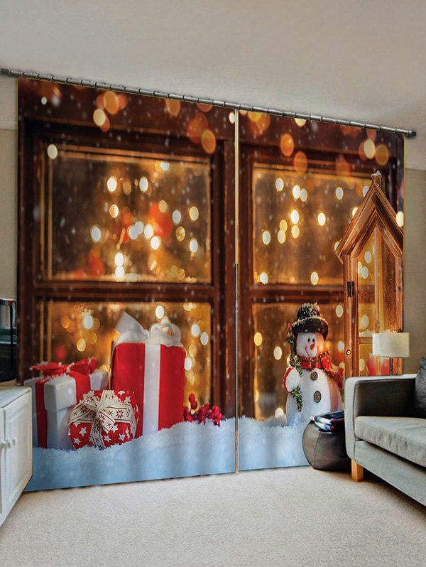2 Panels Christmas Window Snowman Gift Print Window Curtains [32% OFF ...