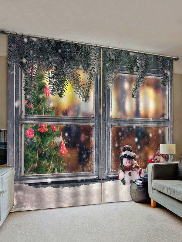 Buy 2 Panels Christmas Window Snowman Print Window Curtains  