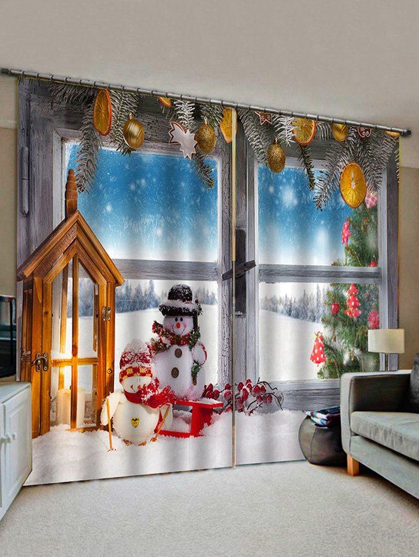 

2 Panels Christmas Window Snowman Couple Print Window Curtains, Multi