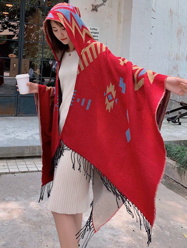 

Tribal Style Geometric Fringe Hooded Open Front Cape, Ruby red