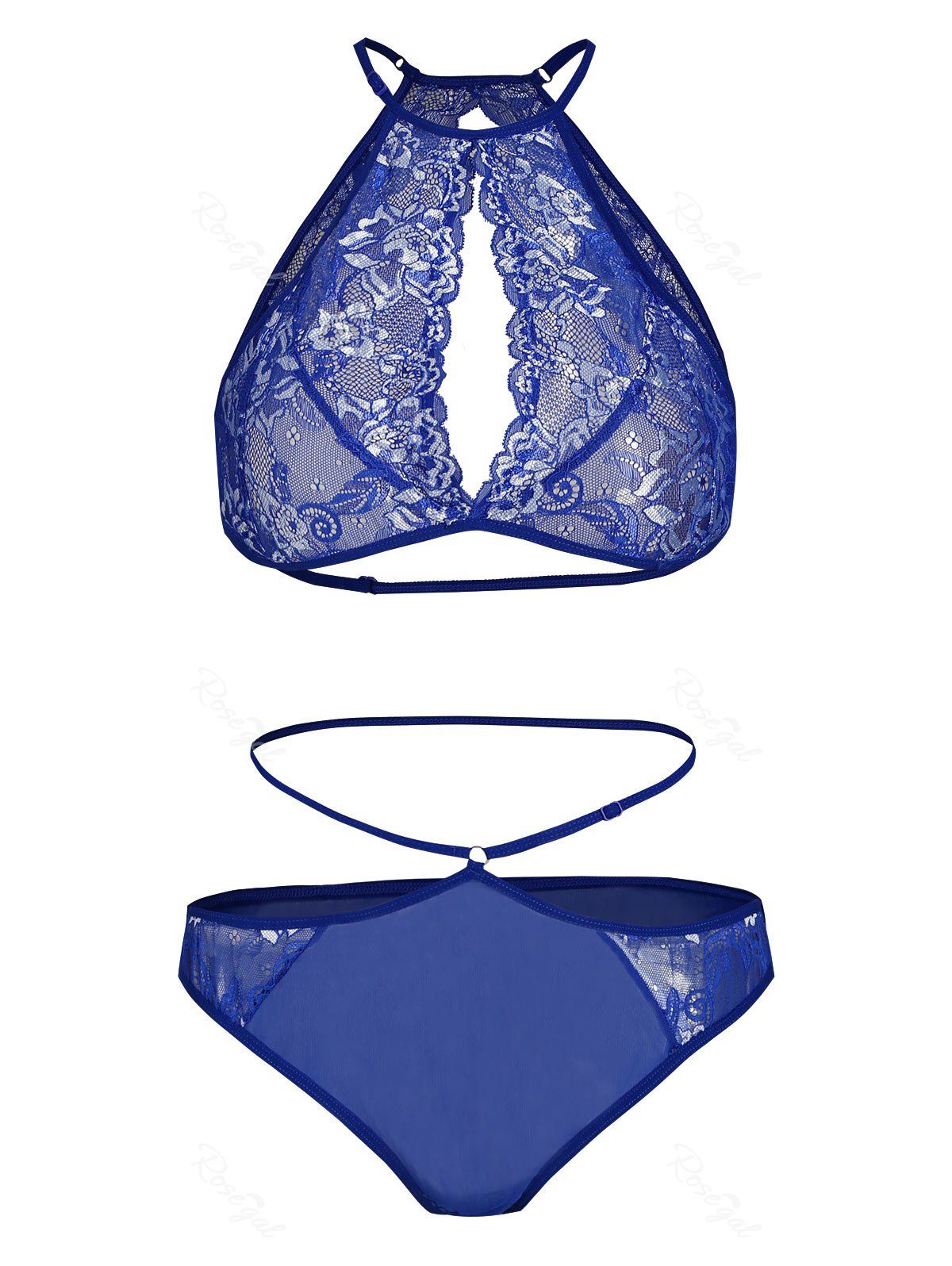 

Plus Size Flower Lace Cutout Bralette Lingerie Set, Blue