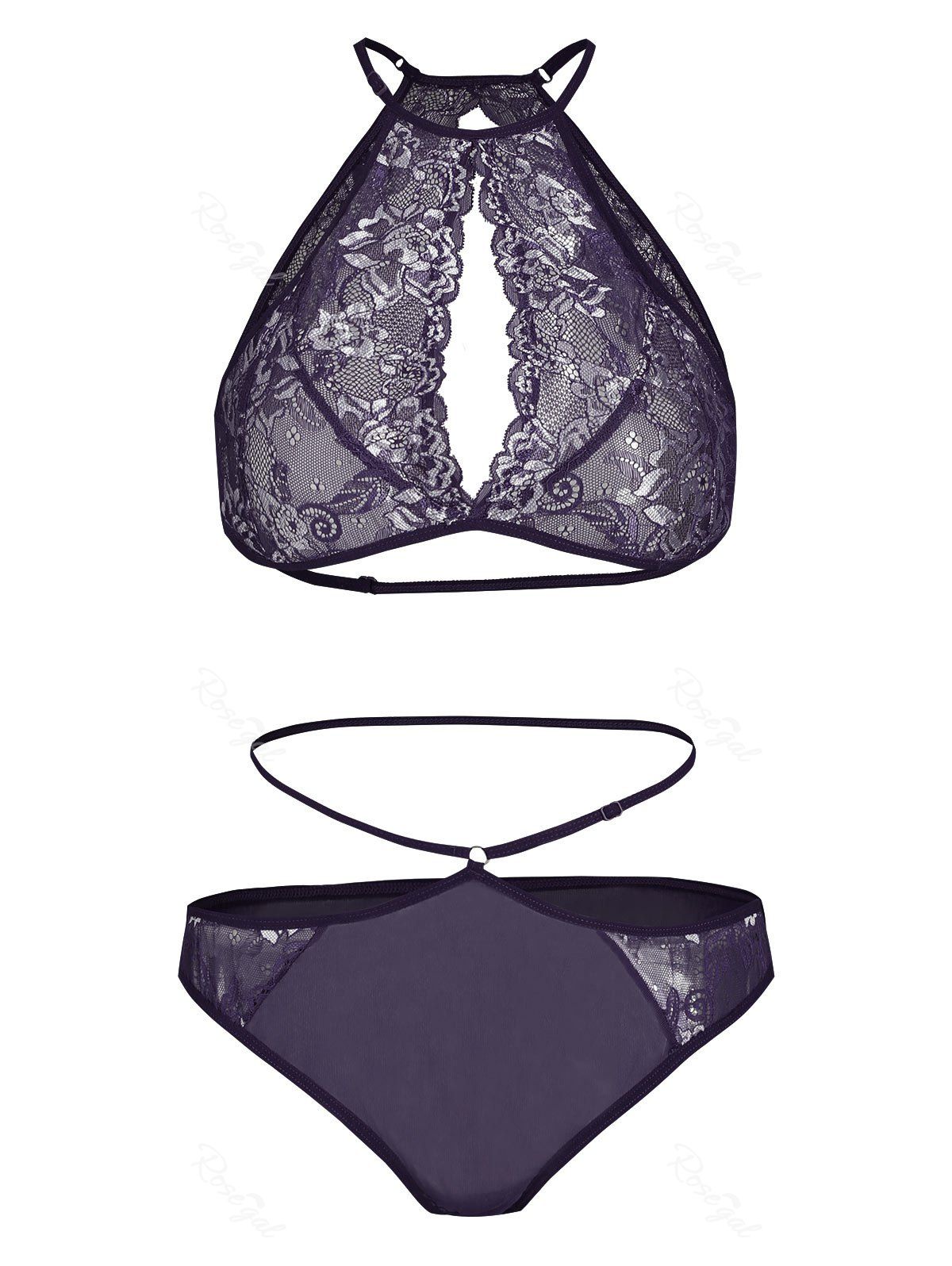 

Plus Size Flower Lace Cutout Bralette Lingerie Set, Purple