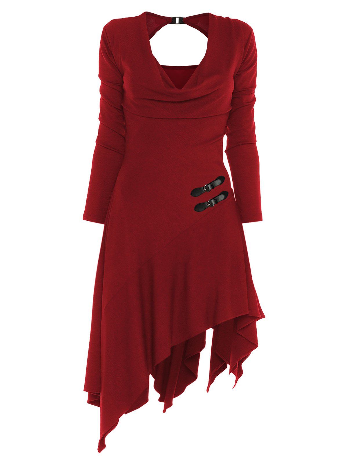 

Buckle Cut Out V Neck Asymmetrical Dress, Red