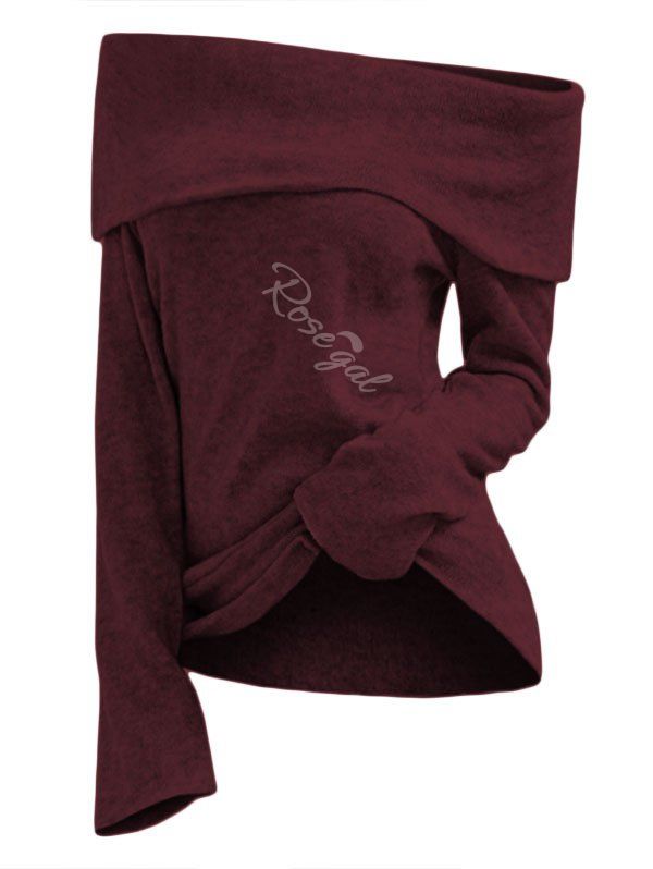 

Plus Size Foldover Off Shoulder T Shirt, Red wine