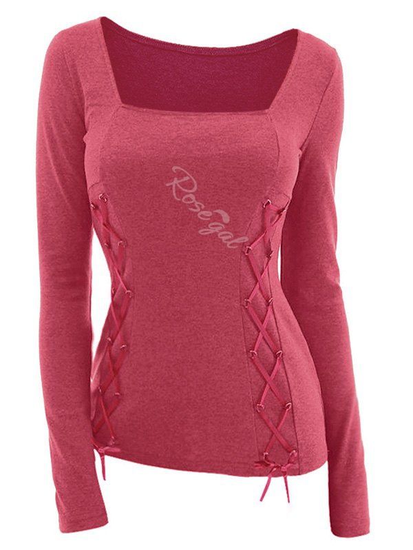 

Plus Size D Ring Lace Up T Shirt, Cherry red