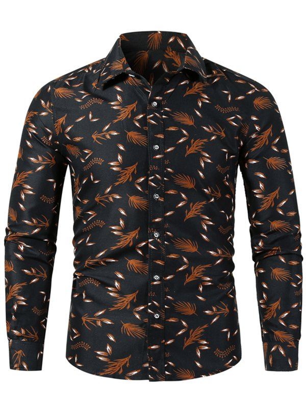

Plant Tiny Leaf Print Button Up Casual Shirt, Black