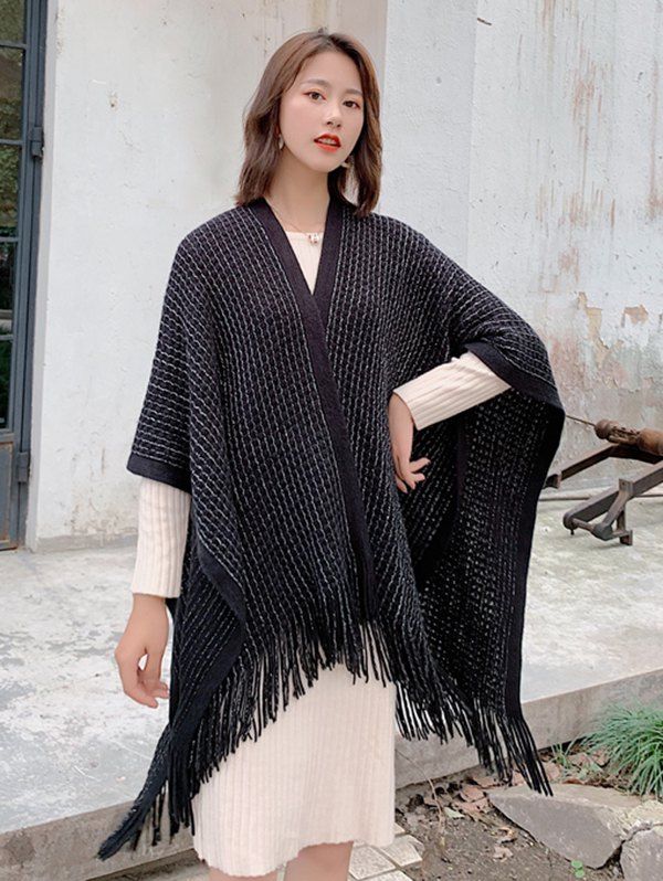 

Grid Fringe Knit Open Front Poncho Cape, Black