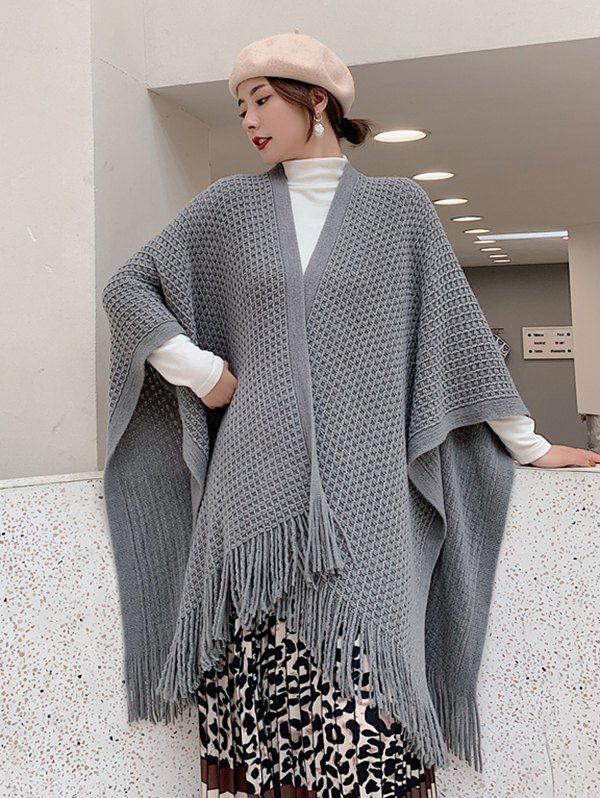 

Grid Fringe Knit Open Front Poncho Cape, Gray