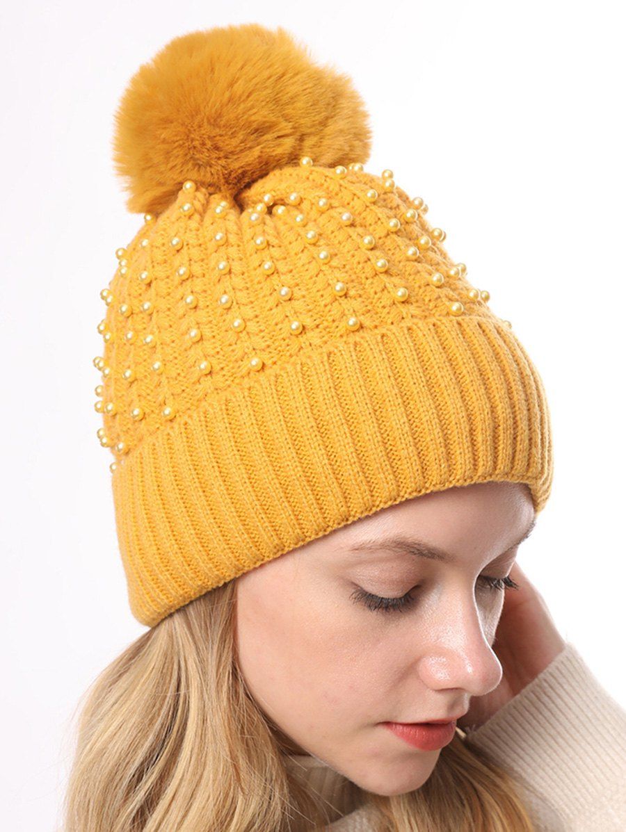 

Pearl Decorate Knitted Winter Hat, Yellow