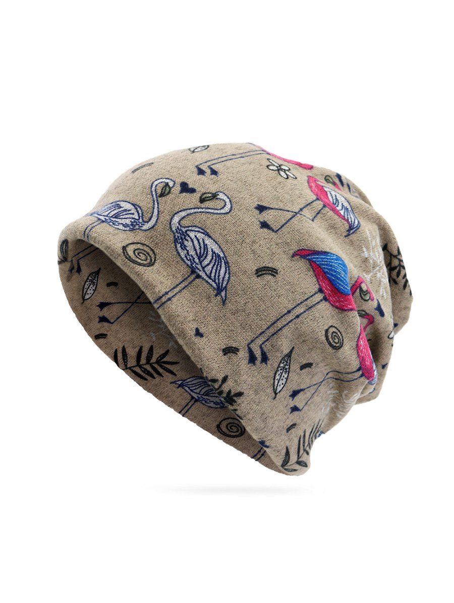 

Knitted Dual Use Flamingo Print Scarf Hat, Light khaki