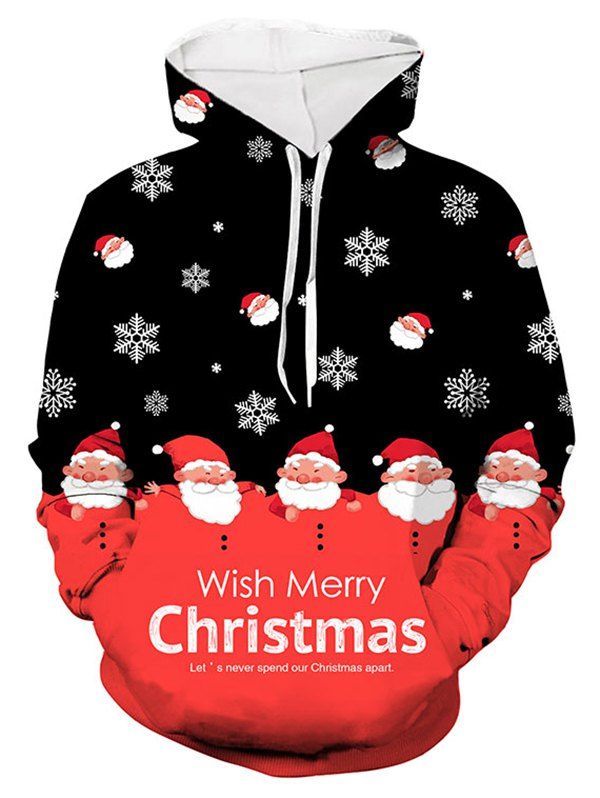 

Santa Claus Snowflake Print Long-sleeved Hoodie, Black