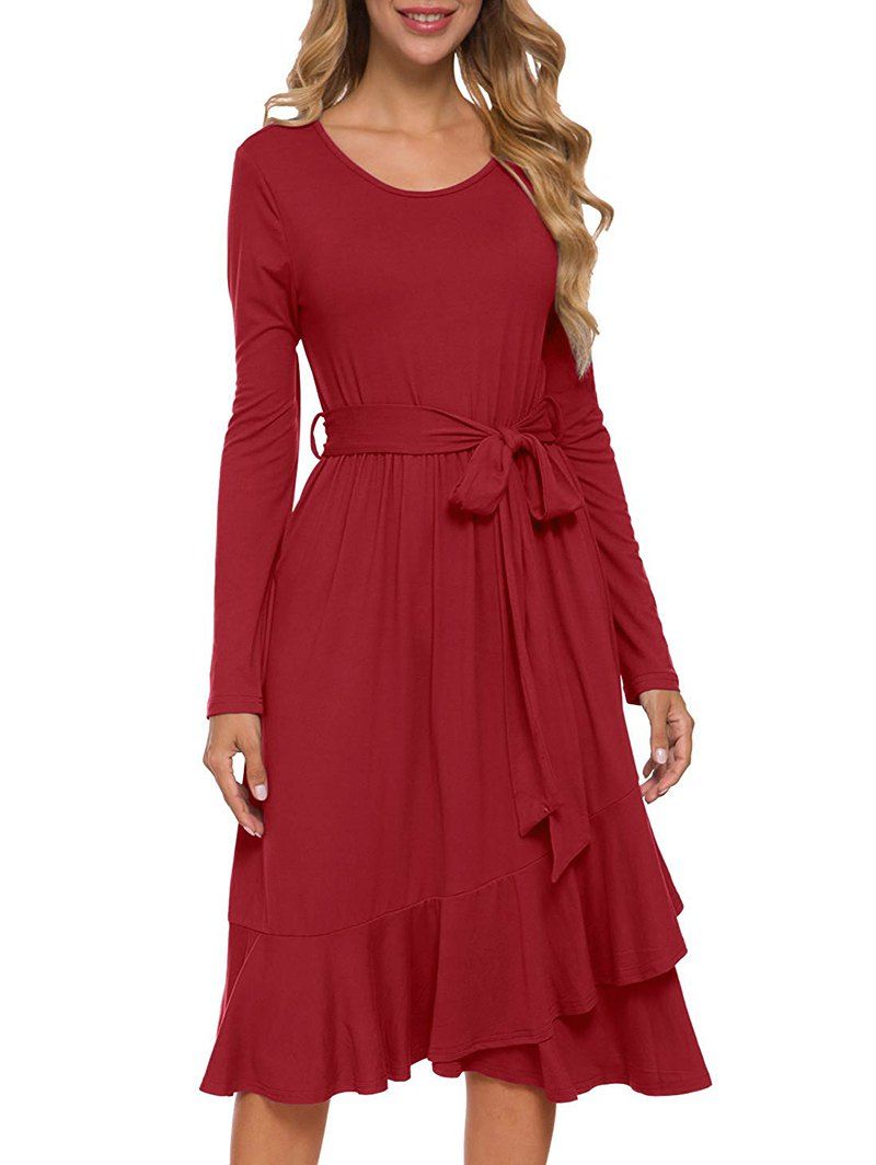 

Flounce Belted Long Sleeve Dress, Red