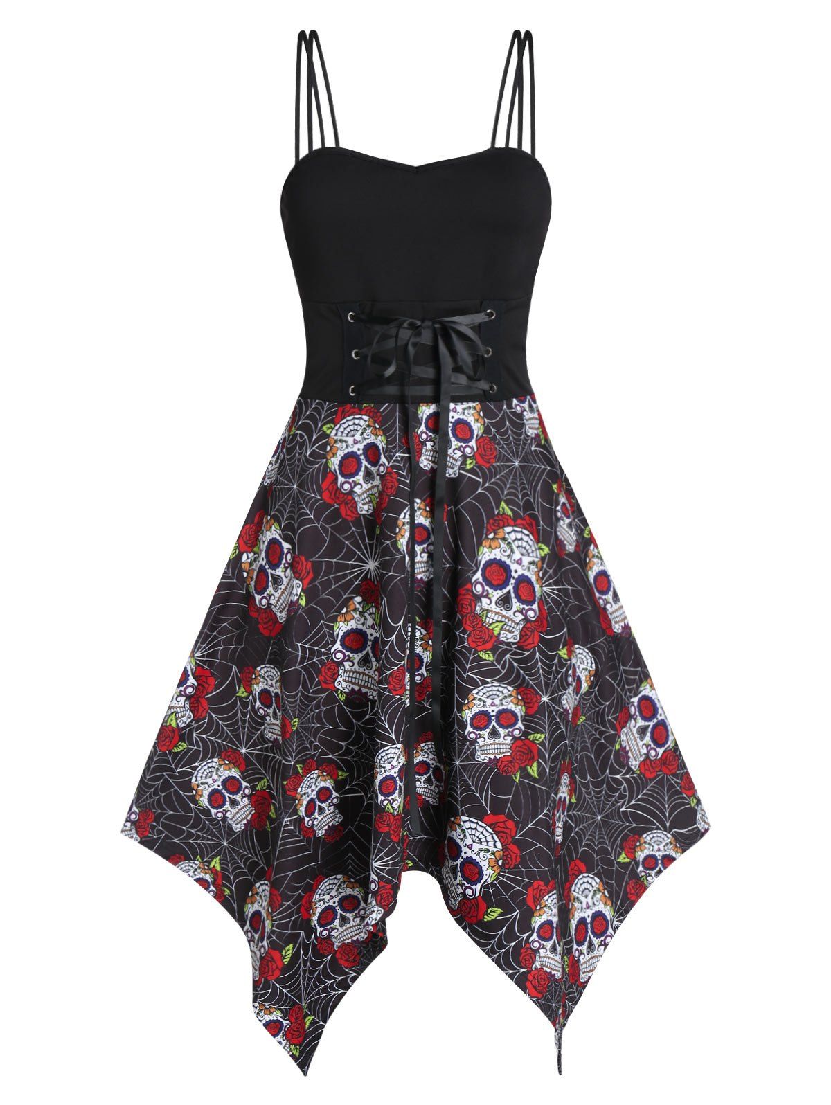 

Halloween Skull Floral Print Lace Up Hanky Hem Dress, Black