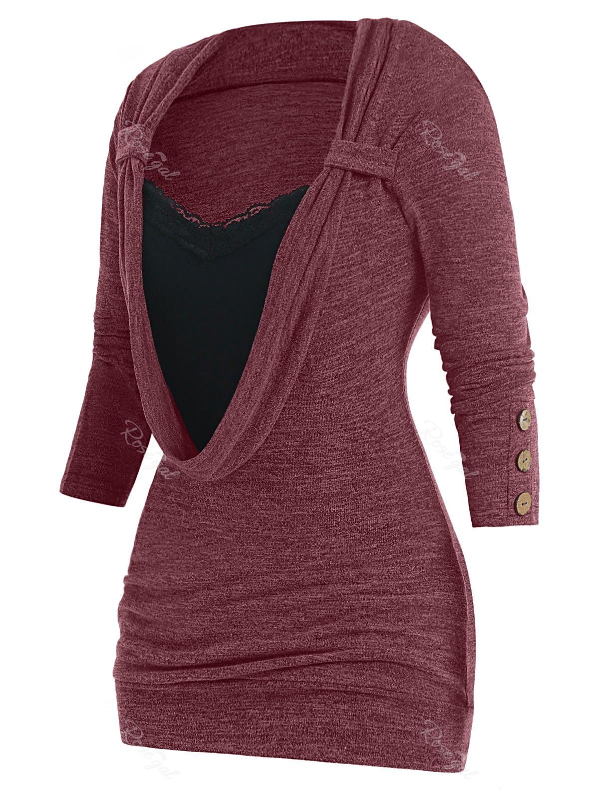 

Plus Size Button Embellished Lace Panel Heathered Faux Twinset T-shirt, Mahogany