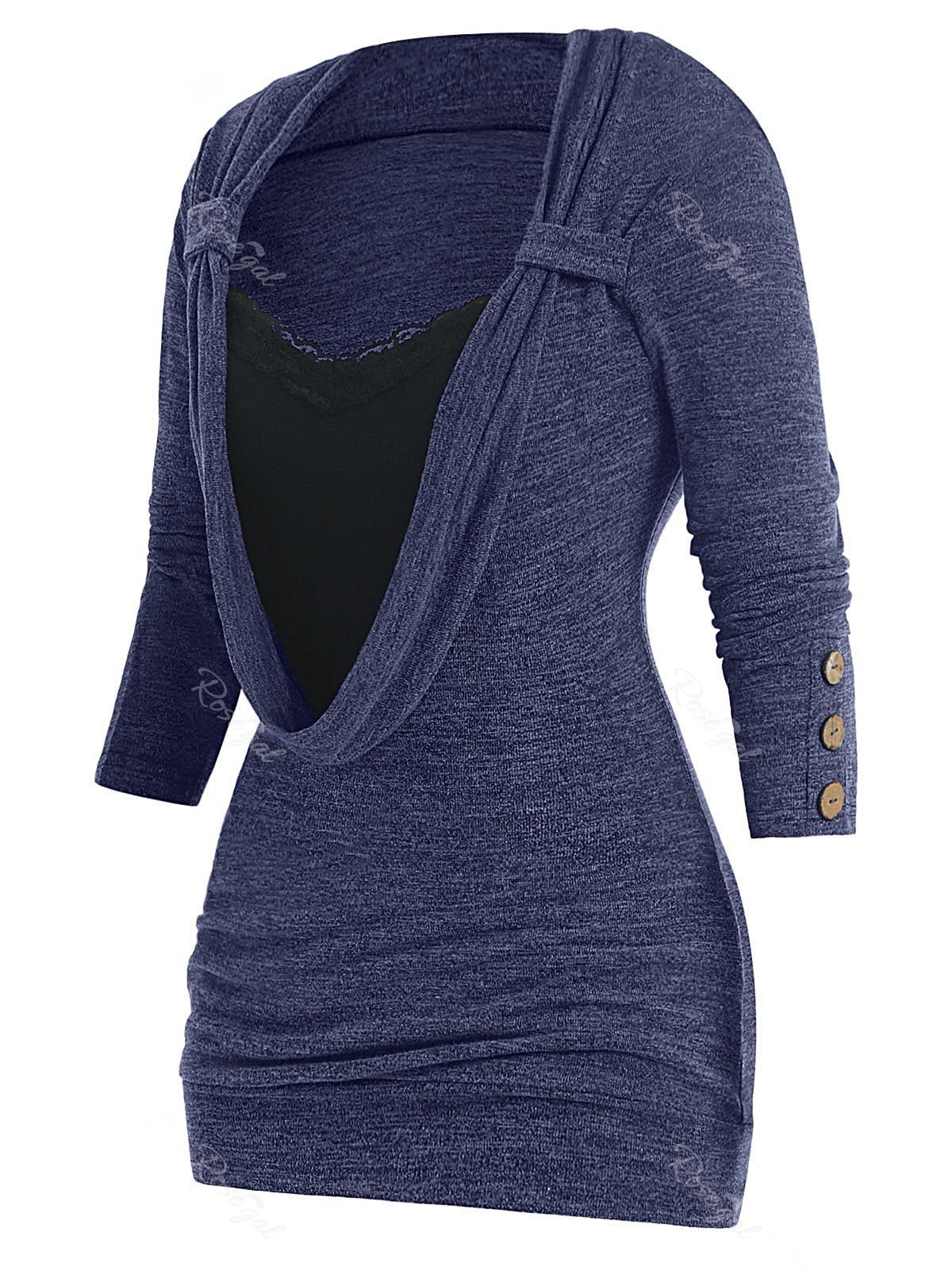 

Plus Size Button Embellished Lace Panel Heathered Faux Twinset T-shirt, Lapis blue