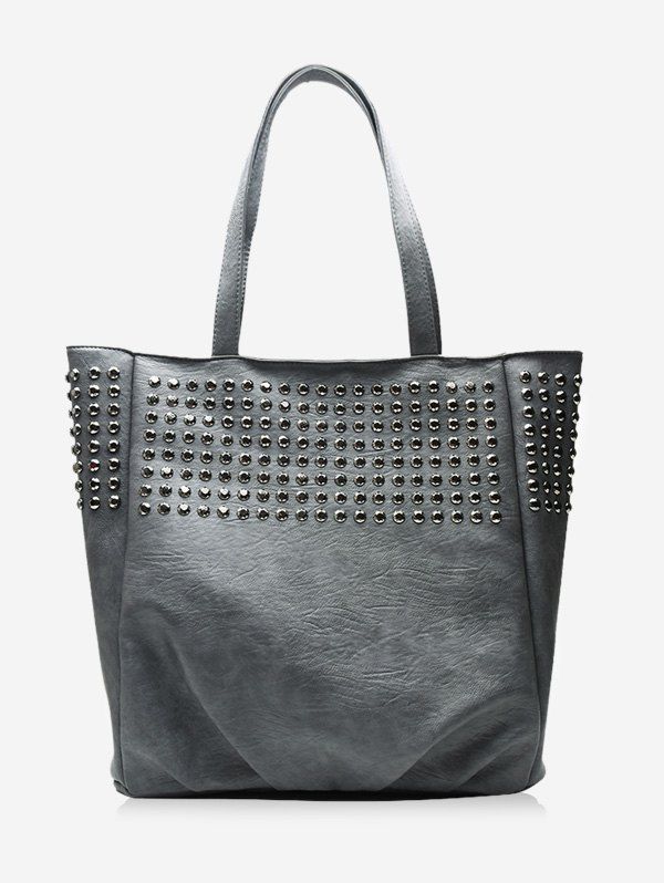 

Retro Studded Embellished Large Capacity Shoulder Bag, Gray