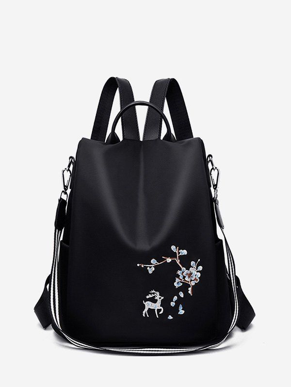 

Floral Deer Embroidery Top Handle Retro Backpack, Black