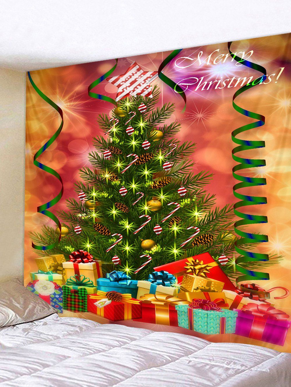 

Christmas Tree and Gifts Printed Tapestry Wall Hanging Art Decoration, Pumpkin orange