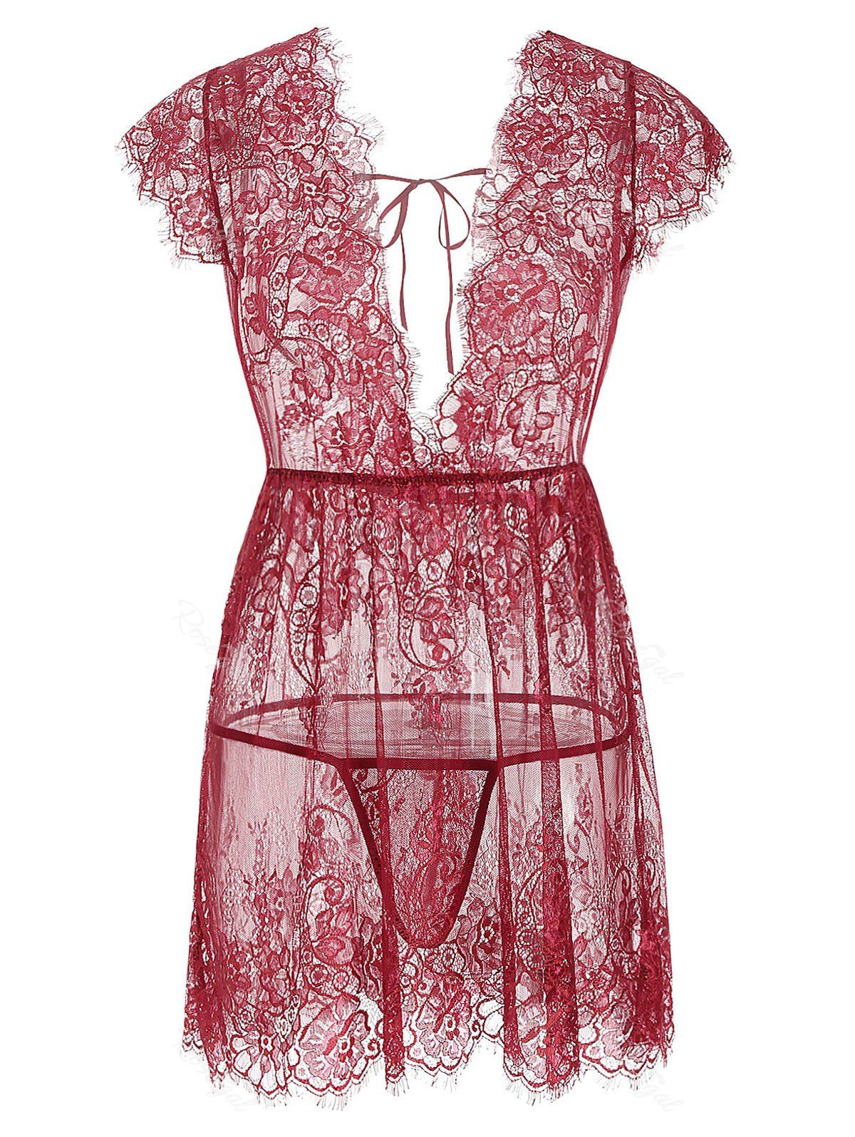 

Plus Size Scalloped Eyelash Lace Plunging Babydoll, Red wine