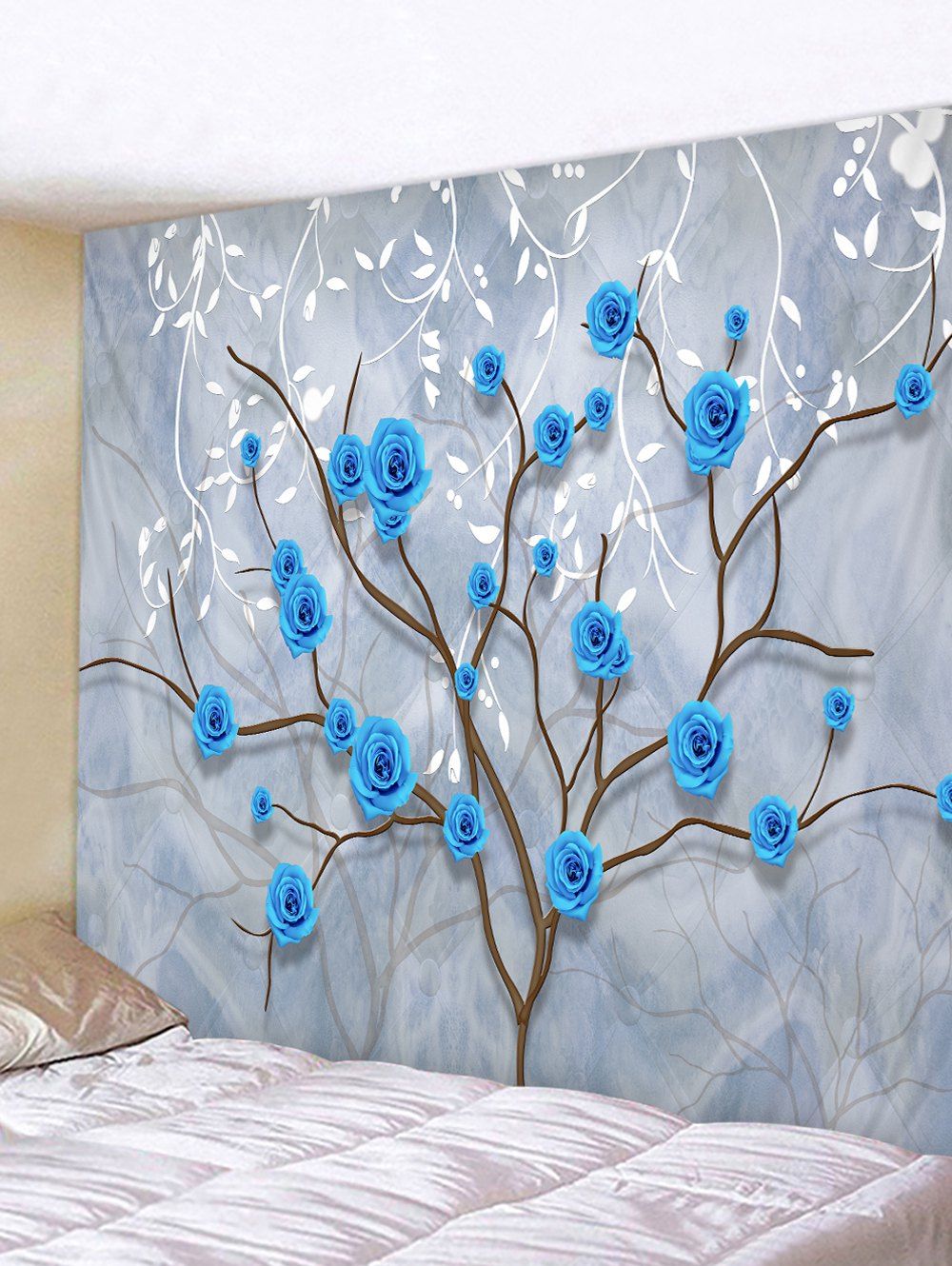 

Flower Tree and Leaves Print Tapestry Wall Hanging Art Decoration, Cool white