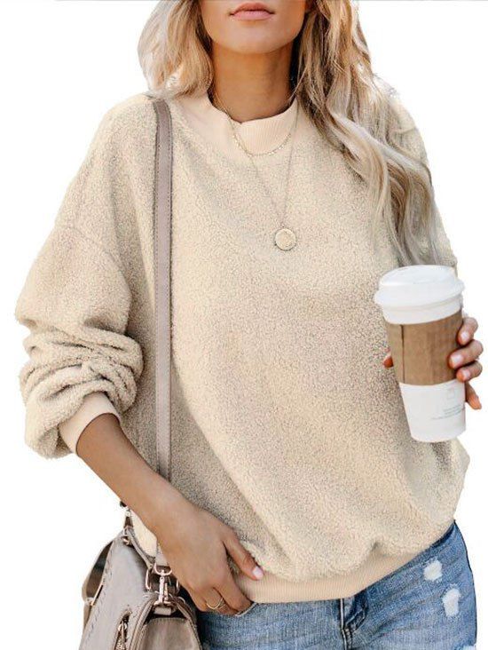 

Crew Neck Fluffy Boyfriend Teddy Sweatshirt, White