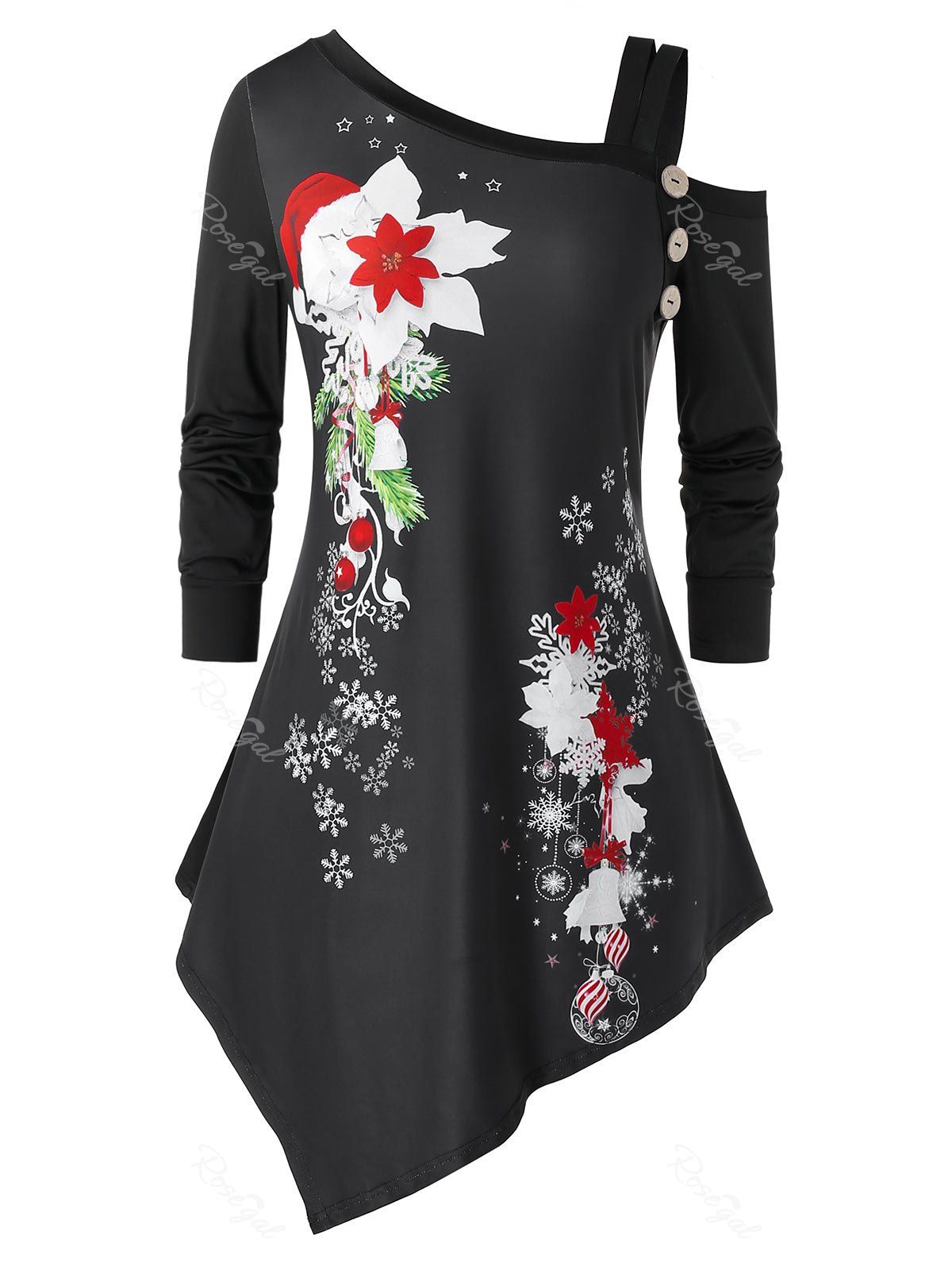 

Plus Size Christmas Flower Snowflake Cold Shoulder Asymmetrical Tee, Multi