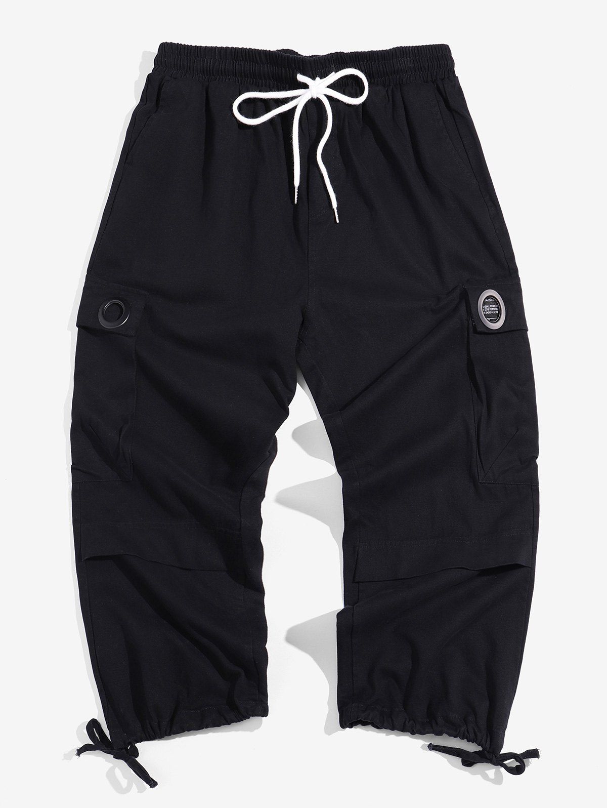 

Plus Size Letter Applique Multi-pocket Drawstring Cargo Pants, Black