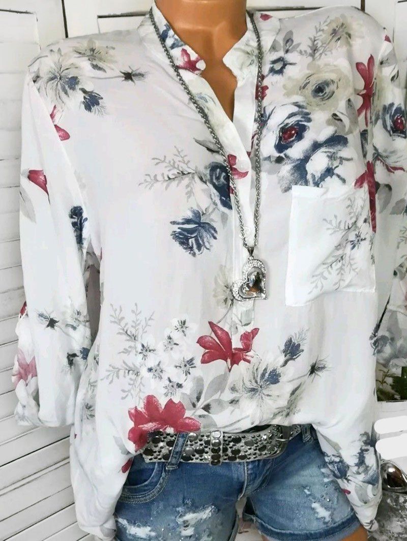 

Flower Print Half Placket Pocket Blouse, White