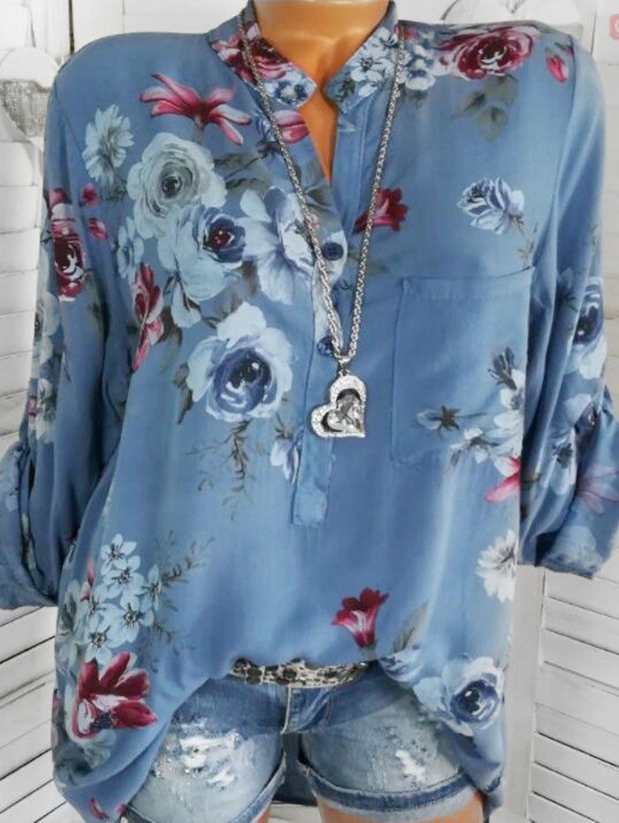 

Flower Print Half Placket Pocket Blouse, Blue