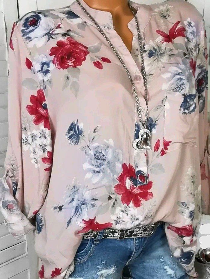 

Flower Print Half Placket Pocket Blouse, Light pink