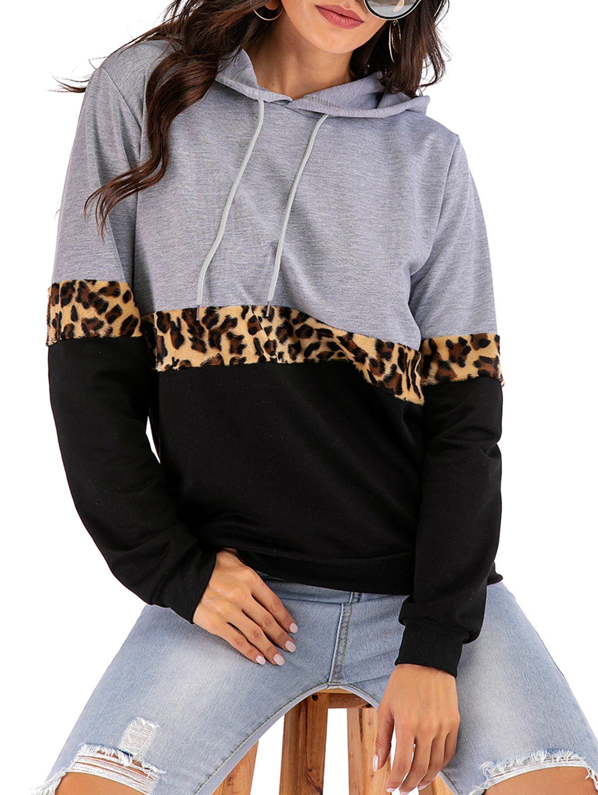 

Fleece Leopard Rib-knit Trim Colorblock Hoodie, Gray