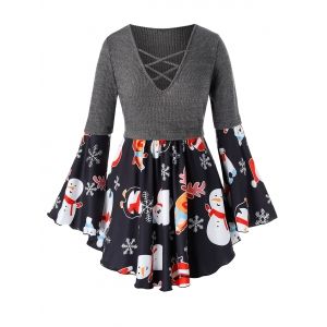 

Plus Size Christmas Bell Sleeve Snowman Elk Print Top, Black