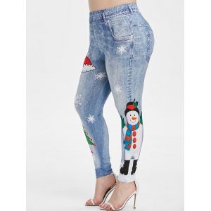 

Plus Size Christmas Snowman Snowflake 3D Print Jeggings, White