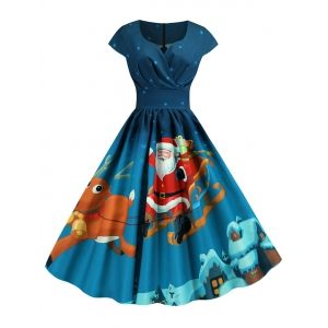 

Pleated Christmas Santa Claus Elk Snowman Print Surplice Dress, Navy blue