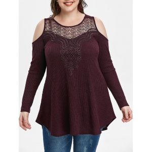 

Plus Size Lace Insert Open Shoulder Knitwear, Red wine