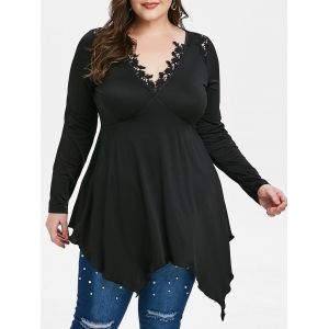 

Plus Size Lace Insert Empire Waist Handkerchief T Shirt, Black